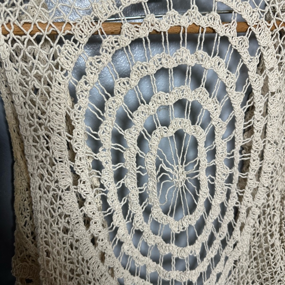 Bellissimo Cream Crochet Fringe Open Vest Bohemian L - Picture 3 of 6